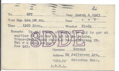 QSL 1923 Columbus Ohio Radio Carte