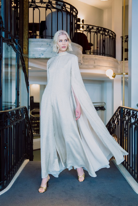 Pre-owned Style Beige Gold Ivory Women Evening Gown With Long Sleeves Cape