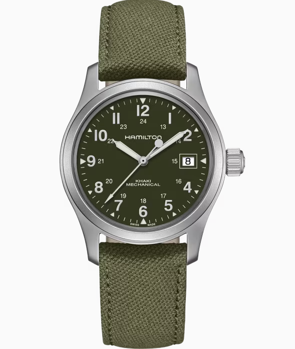 Pre-owned Hamilton Khaki Field Mechanical Green Dial Stainless Steel Men's Watch H69439363