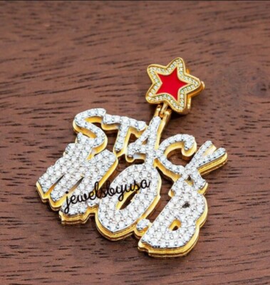 Pre-owned Nsg 3ct 100% Moissanite Stack Mob Custom Name Pendant 14k Yellow Gold Plated Silver In White