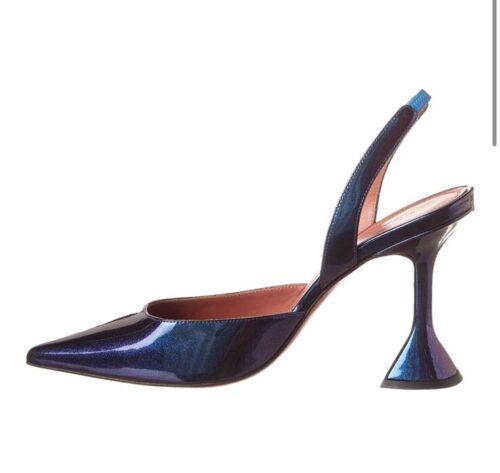 Pre-owned Amina Muaddi Holli 95 Patent Pointed Toe Slingback Pump Blue Galaxy Eu 38 Us 8