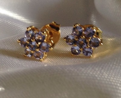 AA, 1Ct, Tanzanite Cluster Earrings, 14K Y Gold Overlay, Sterling Silver