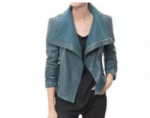 Pre-owned Veda Scuba Max Classic Leather Teal Moto Jacket Msrp $898 Size P In Blue