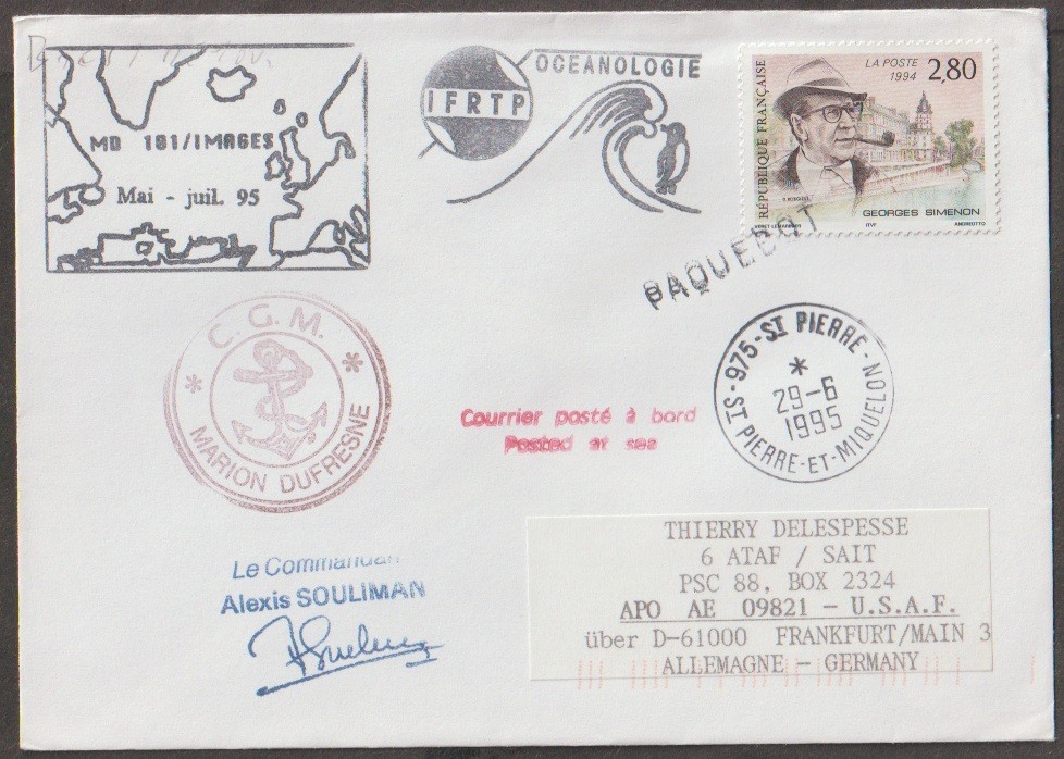 JN France 1995 Marion Dufresne IFRTP Oceanlogie Expedition registered Ship cover