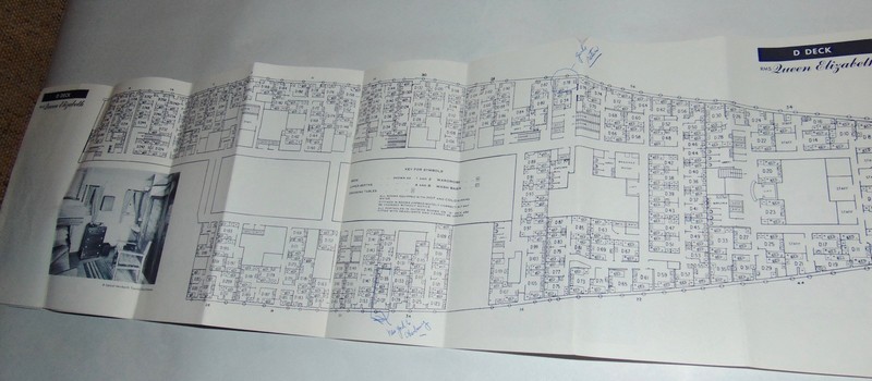 1950'S R.M.S. QUEEN ELIZABETH Tourist Class Accommodation CUNARD Fold Out Plan