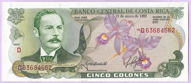5 Colones Costa Rica 1992, Unc, P-236e, Unc, Ry Castro, OrchidÃ©E Guaria Morada
