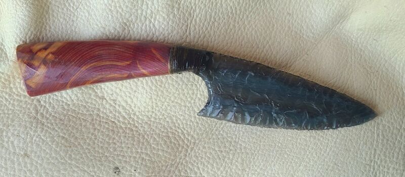 Rainbow obsidian cedar handle knife flint knapping 