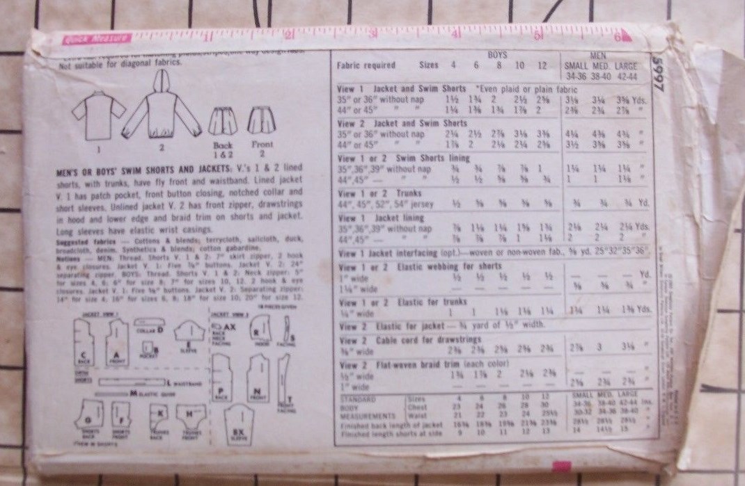 Vintage 1965 Simplicity 5997 Mens Or Boys Swim Shorts & Swim Jackets