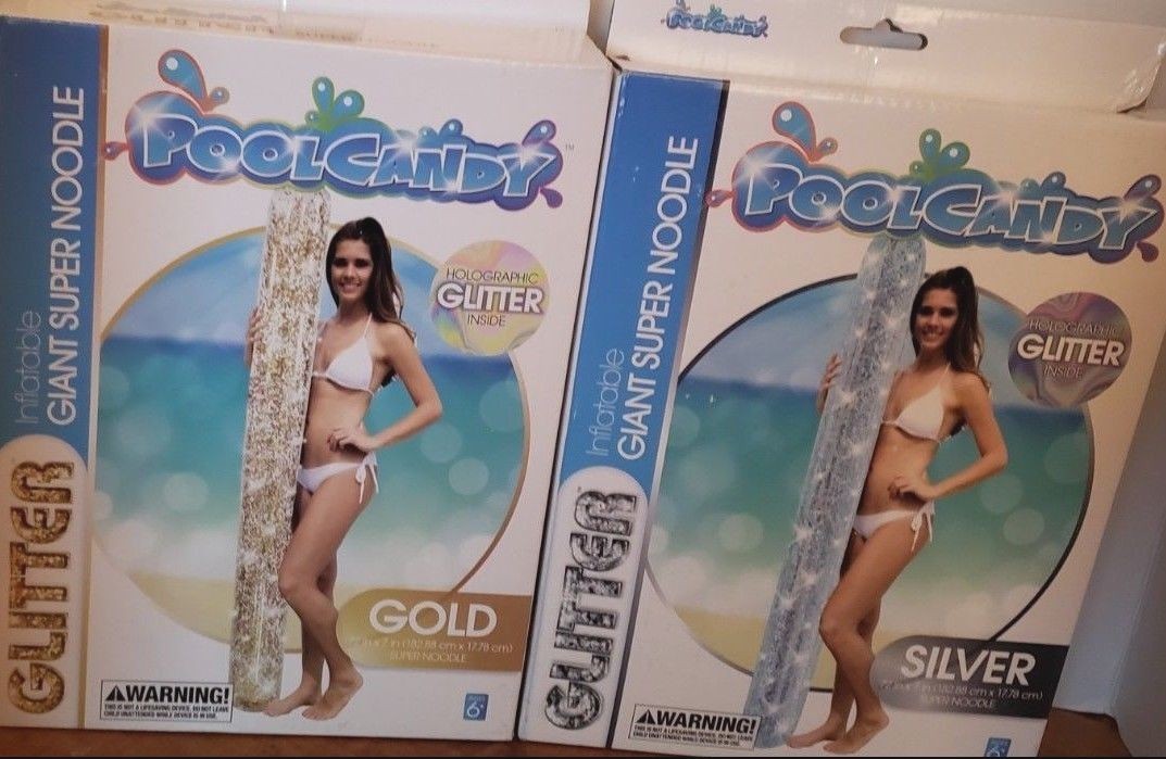 Lot of 2 Pool Candy Gold Glitter and Silver Glitter Inflatable Super Noodle Pool