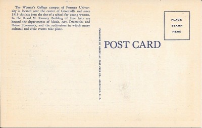 Greenville SC Woman's College Fine Arts Building Postcard #s1012