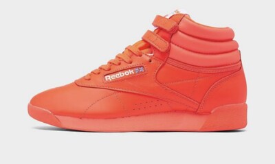 Reebok Freestyle Hi Womens Casual Retro Shoe Orange Athletic Trainer Sneaker NEW