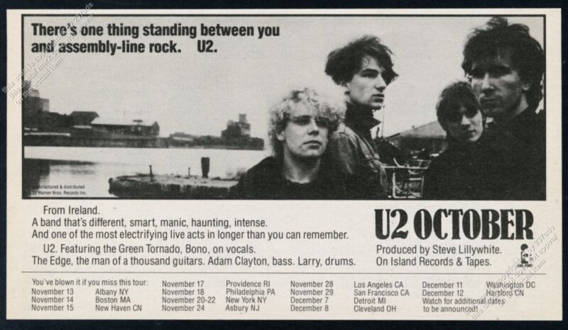 1981 U2 photo October album release & tour dates list vintage print ad