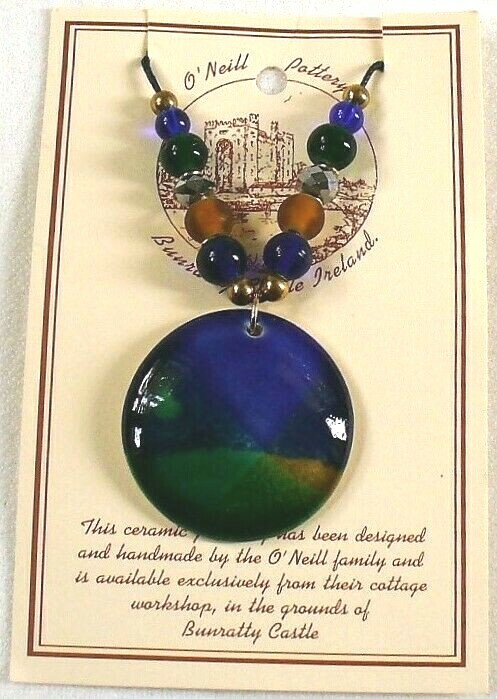 IRELAND~O'Neill Pottery~HAND PAINTED~Glazed~NECKLACE~Bunratty Castle~GLASS BEADS