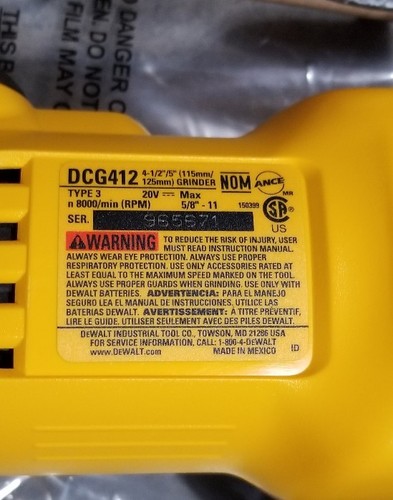 DCG412B Dewalt 20V Cordless Battery Angle Grinder 4 1/2