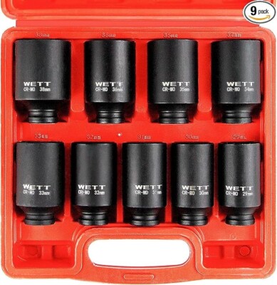 9Pc Large Socket 1/2 Inch Drive Deep Spindle Axle Nut Impact Socket Set 6 Point