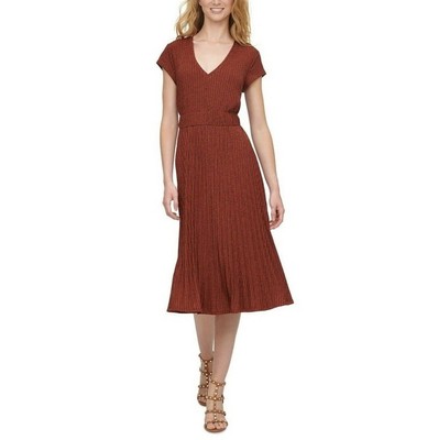 NWOT DKNT Women s Russet Rust Textured Knit Cap Sleeve V Neck Midi Dress Size XS