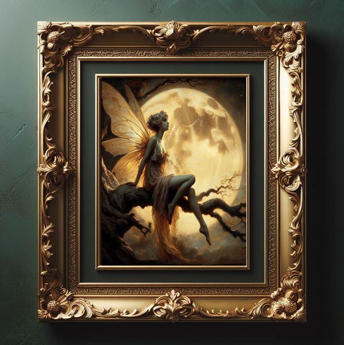 Fairy with moon Dark Acadamia Fantasy Vintage 18th century painting print Art