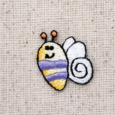 Iron On Embroidered Applique Patch - Mini Bumble Bee Smiling Purple/Yellow/Black
