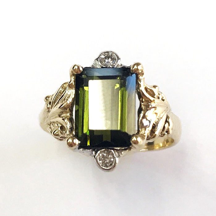 Pre-owned Jewelry By Arsa 2.6 Ctw Natural Green Tourmaline & Diamond Solid 14k Yellow Gold Cocktail Ring