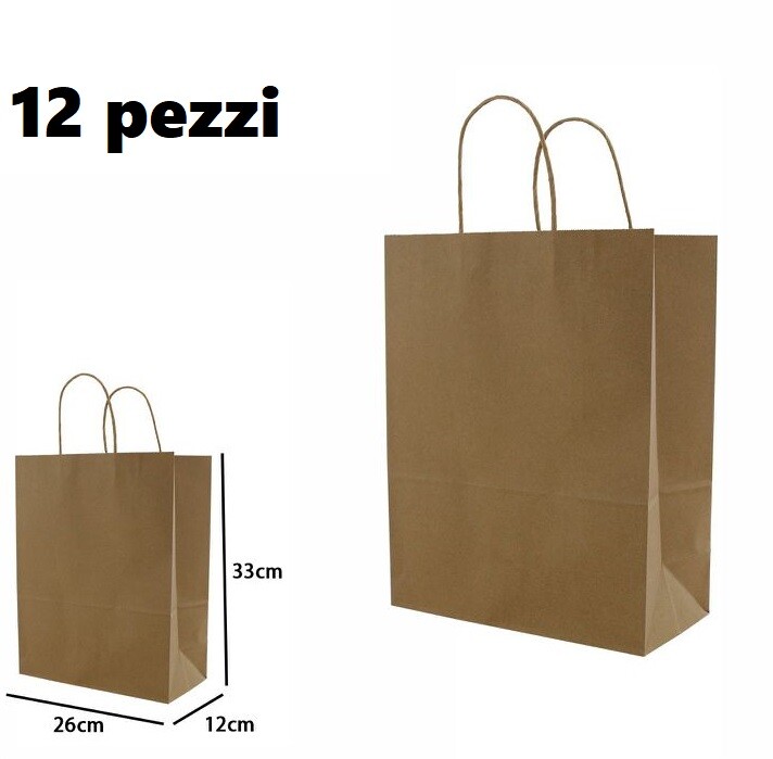 Set 12 Pezzi Buste Borsa Da Regalo Sacchetti Carta Marrone 33x26x12cm dfh