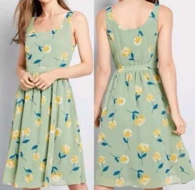 Modcloth Light Sage Green Yellow Floral Freeing Feeling Midi Spring Dress L