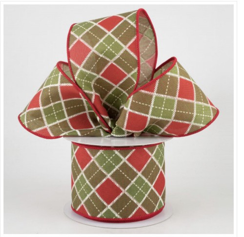 10 Yds - 2 1/2” Wired Moss, Red And Brown Diagonal Checked