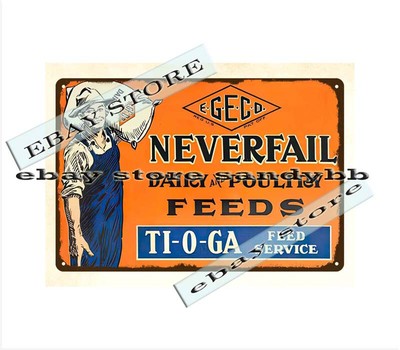 Never Fail Feeds dairy poultry metal tin sign outdoor kitchen wall art