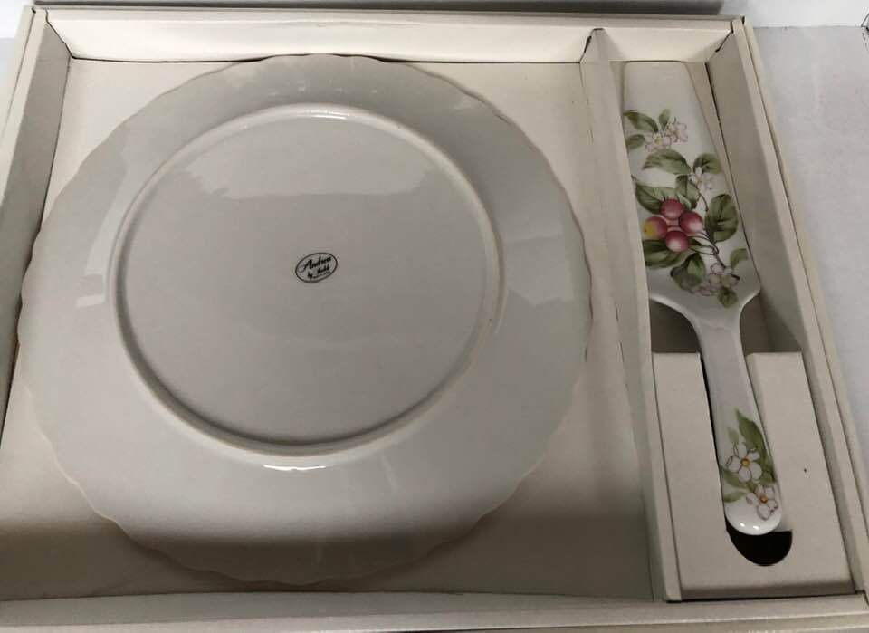 Andrea by Sadek Fruit & Blossoms Cake Plate Server Fine Porcelain Original Box