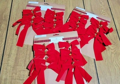 3 PKGS ~ 8 pk. Mini Christmas Tree Bows w/Bells Decoration Bows Ornament Red 