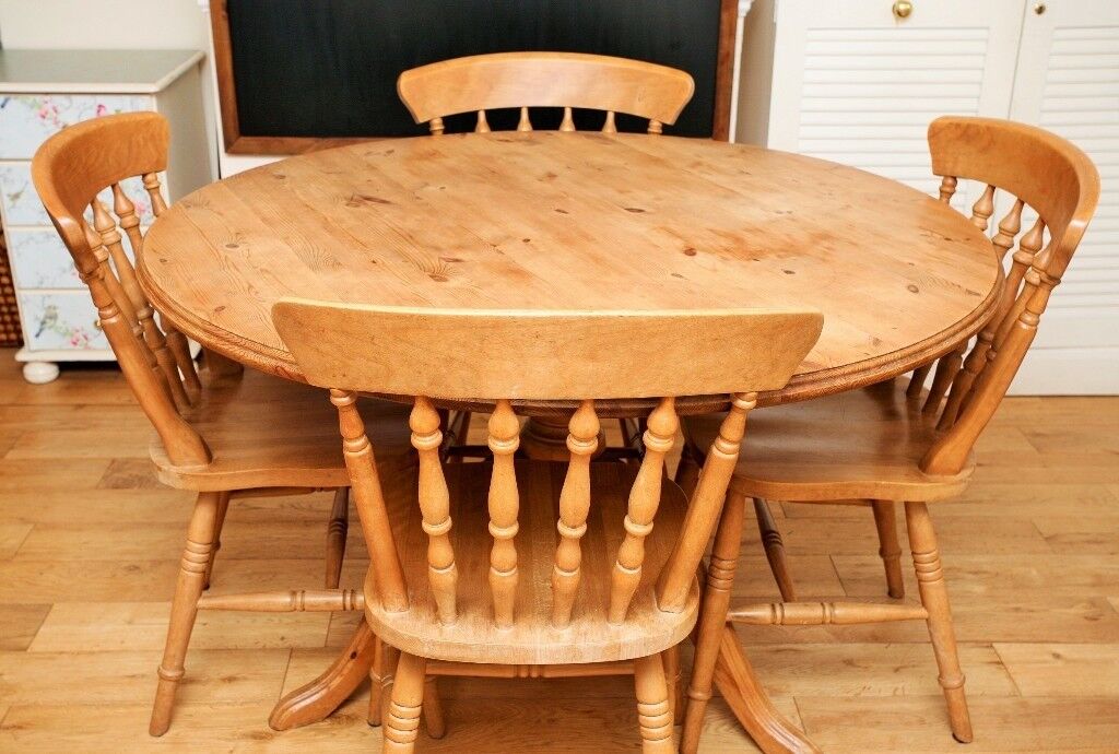 Solid Wood Round Kitchen Dinning Table 4 Chairs Set Rustic Farmhouse