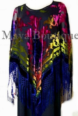 Pre-owned Maya Matazaro Tye Dye Poncho Shawl Fringe Top Burnout Velvet Blue Pink Multi  In Blue Pink Multi-color