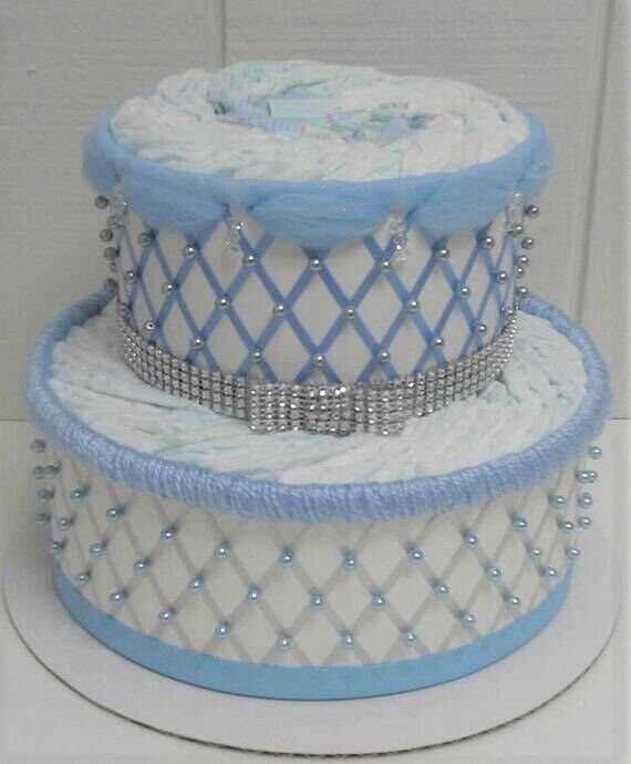 Princess Baby Girl Shower Blue And Silver 2 Tier Diaper Cake Centerpiece Gift