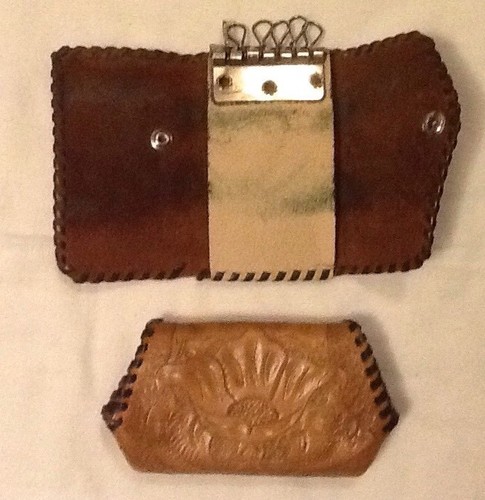 Vintage 2 Pieces 1 Hand Tooled Leather Coin Purse & 1 Key Holder Stitched