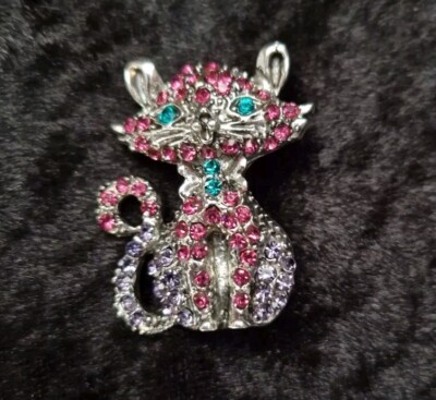 Cat Brooch Vintage Deco Look Pink Purple Rhinestone Kitty Pin Jewellery Gift V2