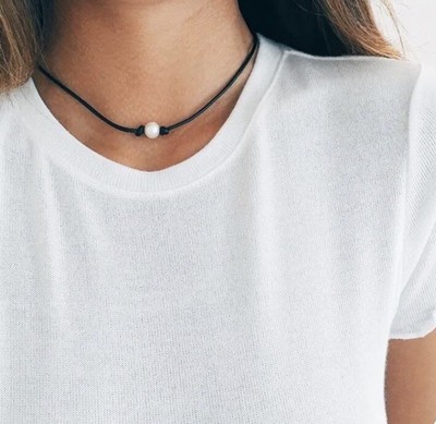 White Faux Pearl on Black Cord Necklace Simple Classic Understated Choker