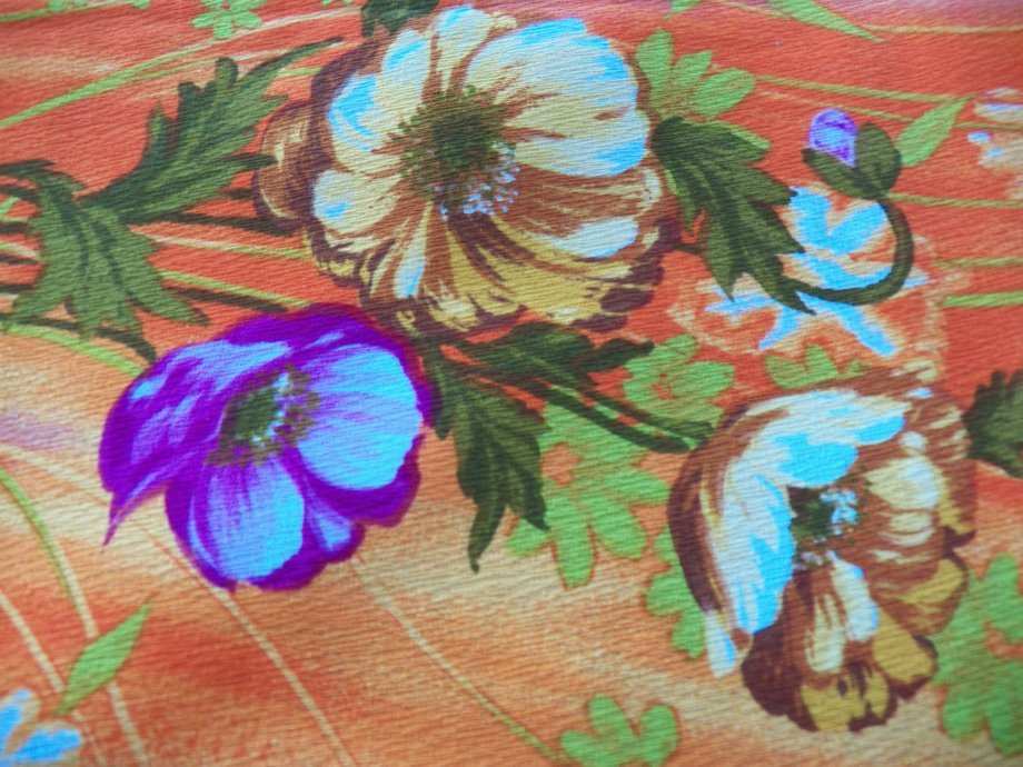 Vintage Cotton Decorator Fabric 70's~~Floral Flowers Orange/Purple~2 Yards Retro