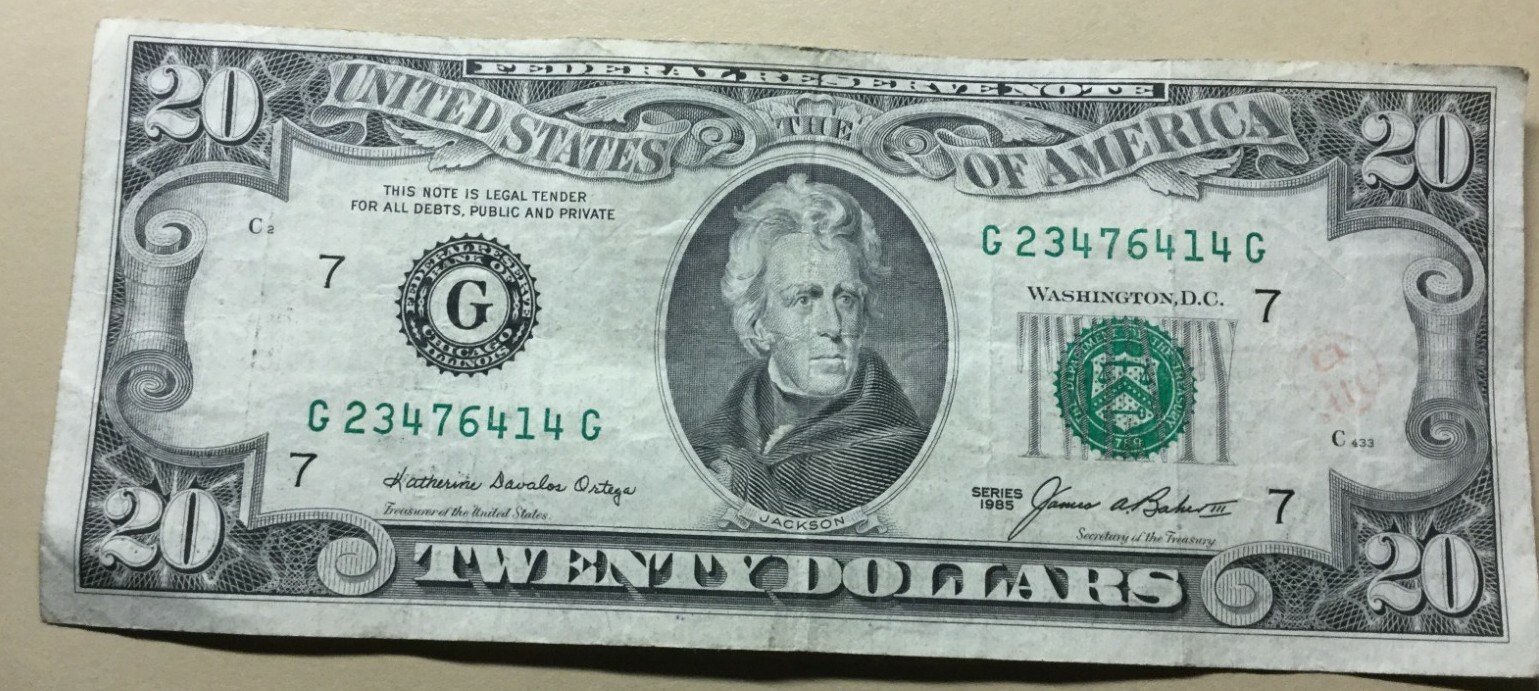 1985 $20 DISTRICT G7 CHICAGO ILLINOIS OLD STYLE TWENTY DOLLAR BILL 