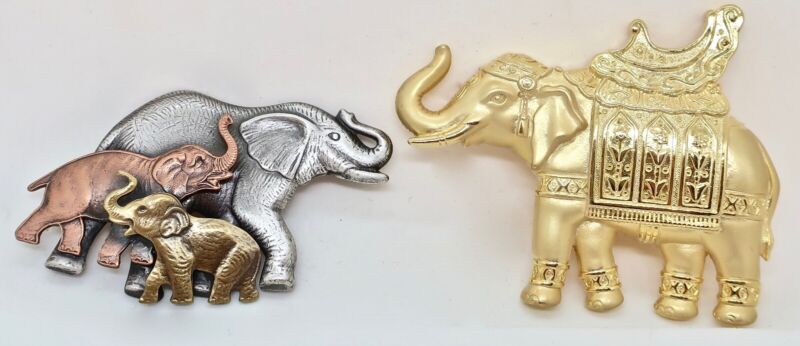 Lot of 2 Retro Vintage Designer Signed Elephant Pins Brooches: JJ & K&T Family