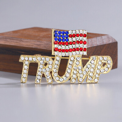 Crystal Trump USA Flag Word Brooch Pin Souvenir 2024 Presidential Election Gift
