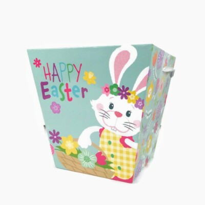 Easter Basket Bunny Rabbit Cardboard Sparkly XL Pail With Handle Pastel Colors