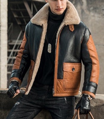 Men's Black RAF Aviator Pilot B3 - Jacket Flying Bomber Shearling Fur Jacket