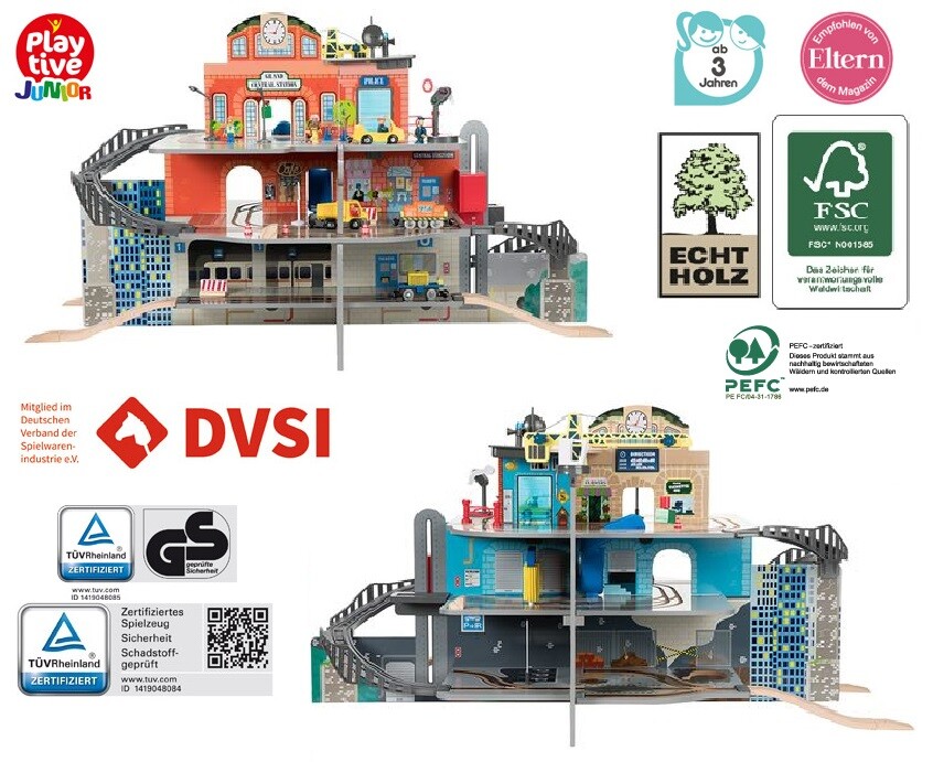 Playtive XXL Bahnhof Set / Logistikzentrum Set Echtholz Beidseitig Spiel NEU TOP