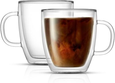 Clear Double Wall Coffee Mugs 13.5 oz Pack of 2 Insulated Glass with Handle