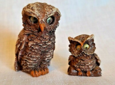 Vintage Owls google eyes set of 2 baby brown resin fun cute figurines 1970's