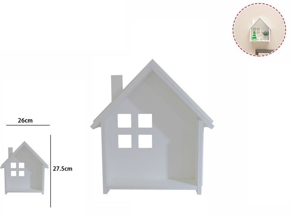 Decorazione Parete In Legno Bianco Con Mensola Casetta 26x27,5cm dfh