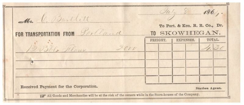 1864 Freight Receipt Billhead Portland to Skowhegan Maine