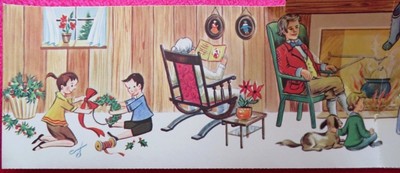 Vintage Christmas Card UNUSED MCM Pop-Up Family Celebrates Xmas w/ Grandma Gifts