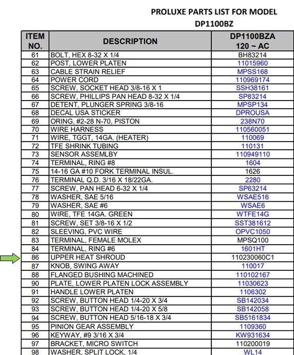 Doughpro Proluxe Dough Press DP1100 Upper Platen, Heat Shroud, w/ Mounting Bolts