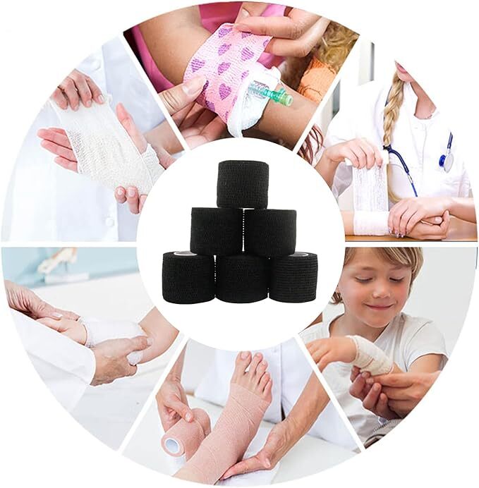 6-Rolls Self Adhesive Bandage Wrap, Black Vet Medical Wound Tape (2 In x 5 Yds)