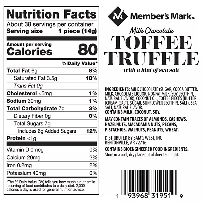 2 Packs Member's Mark Milk Chocolate Toffee Truffle with Sea Salt 19oz Each Pack